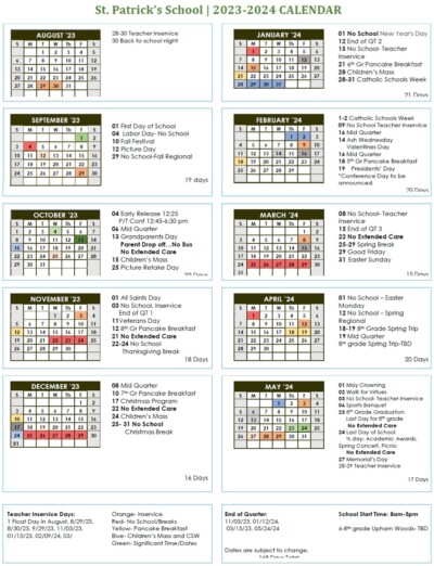 School Calendar | St. Patrick Catholic Church and School | Mauston, WI